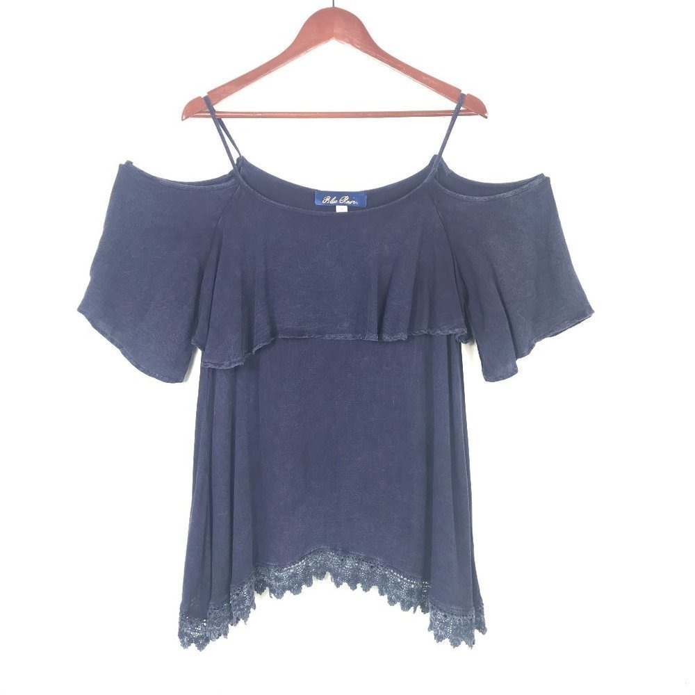 Cold Shoulder Ruffle Lace Trim Tunic Top Medium | Lagenlook Boho Hippie